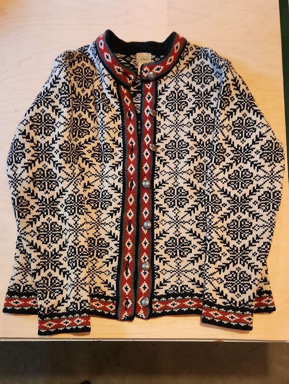 L.L. Bean Black, Cream & Red Merino Wool Sweater Size M
